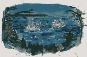 Sailors sleeping in their ships at night, away from the forest