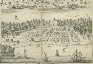 "A View of Halifax Drawn from Ye Topmasthead" 1749. Courtesy of Nova Scotia Archives, Halifax, NS
